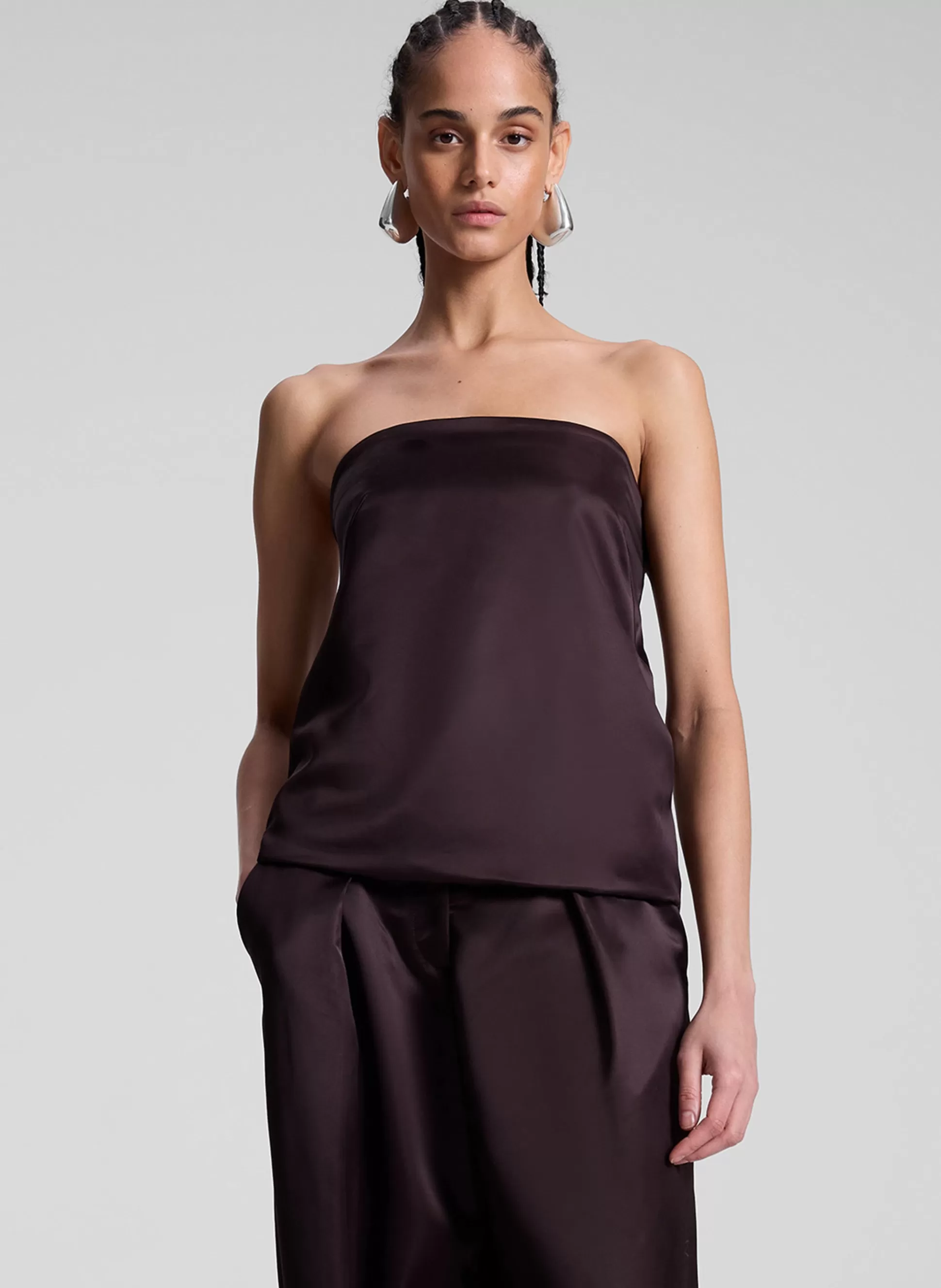 Tops>A.L.C. Ani Strapless Satin Top Chocolate Plum