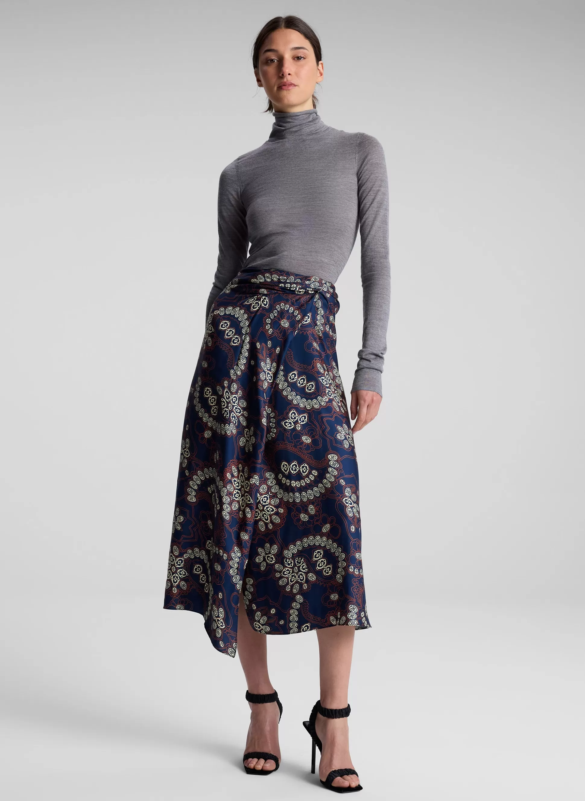 Bottoms | Skirts>A.L.C. Clara Printed Midi Skirt Navy/Cream