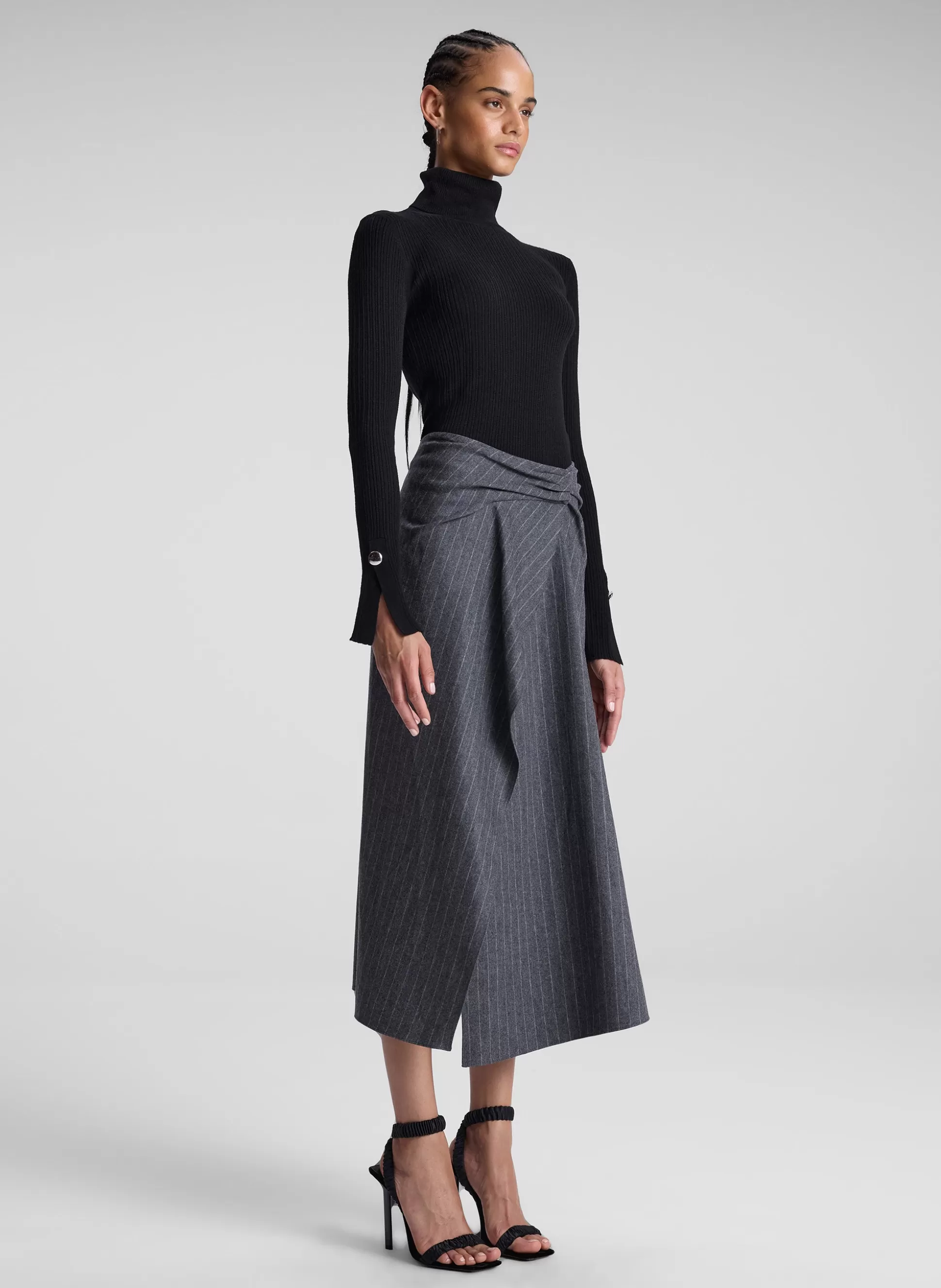 Bottoms | Skirts>A.L.C. Clara Wool Cashmere Pinstripe Midi Skirt Grey Melange