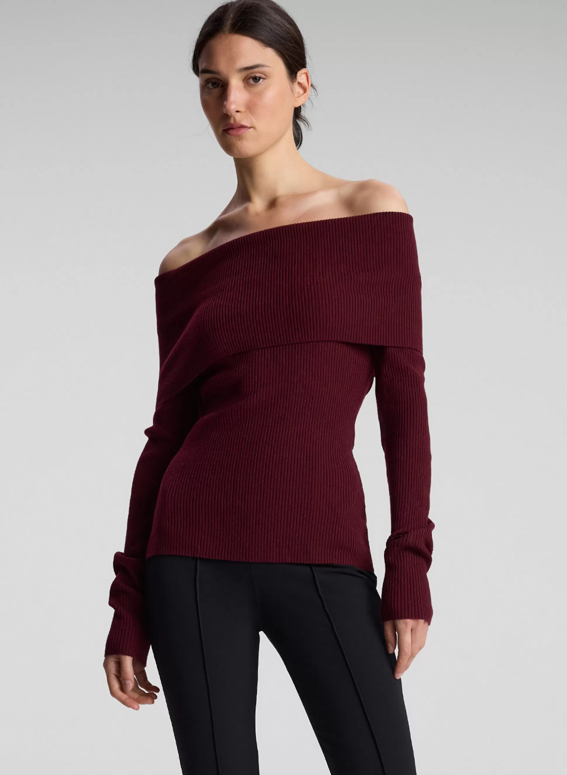 Tops | Knitwear>A.L.C. Evelyn Merino Off Shoulder Top Burgundy