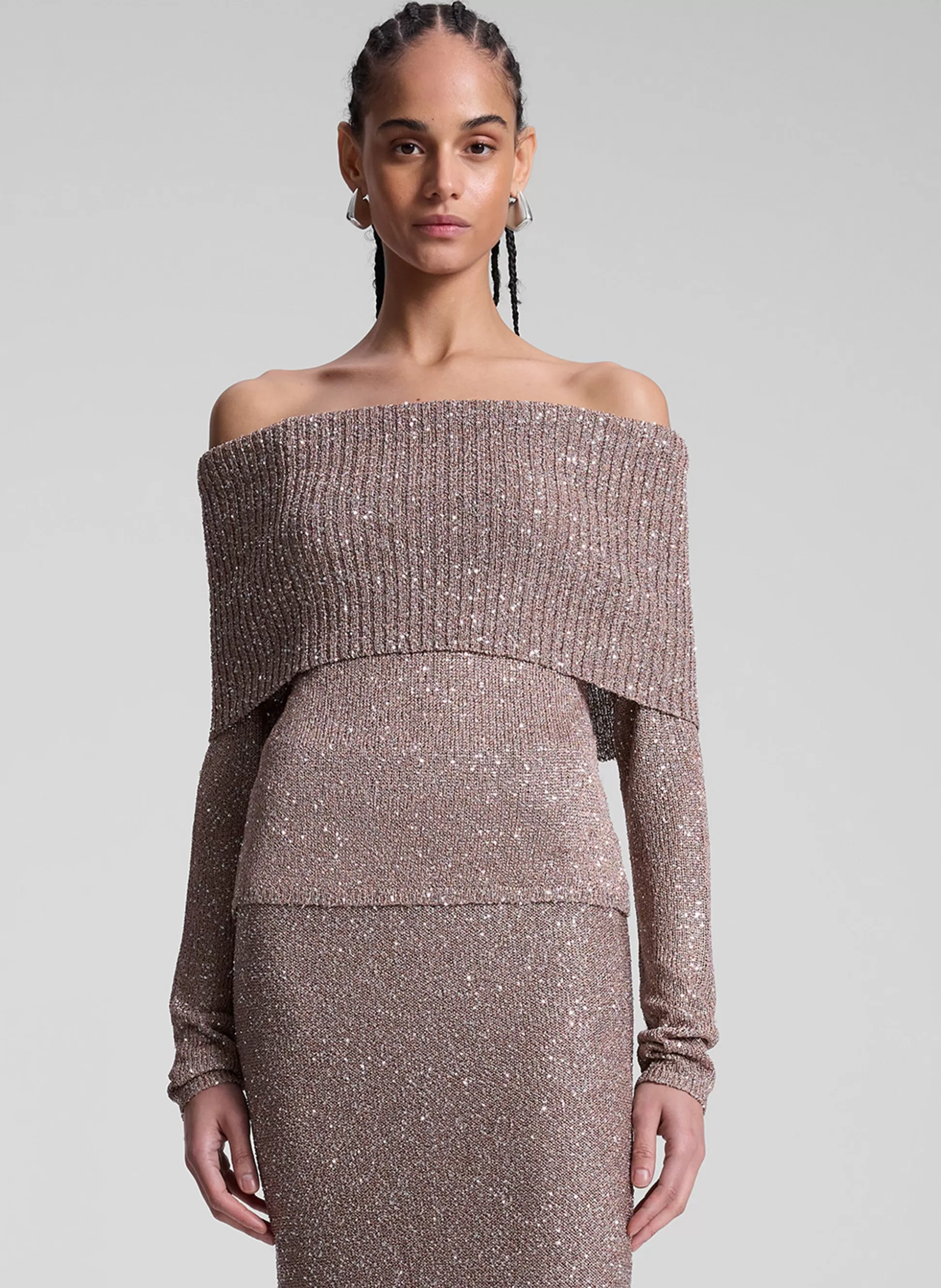 Tops | Knitwear>A.L.C. Evelyn Metallic Knit Off Shoulder Top Mauve/Silver