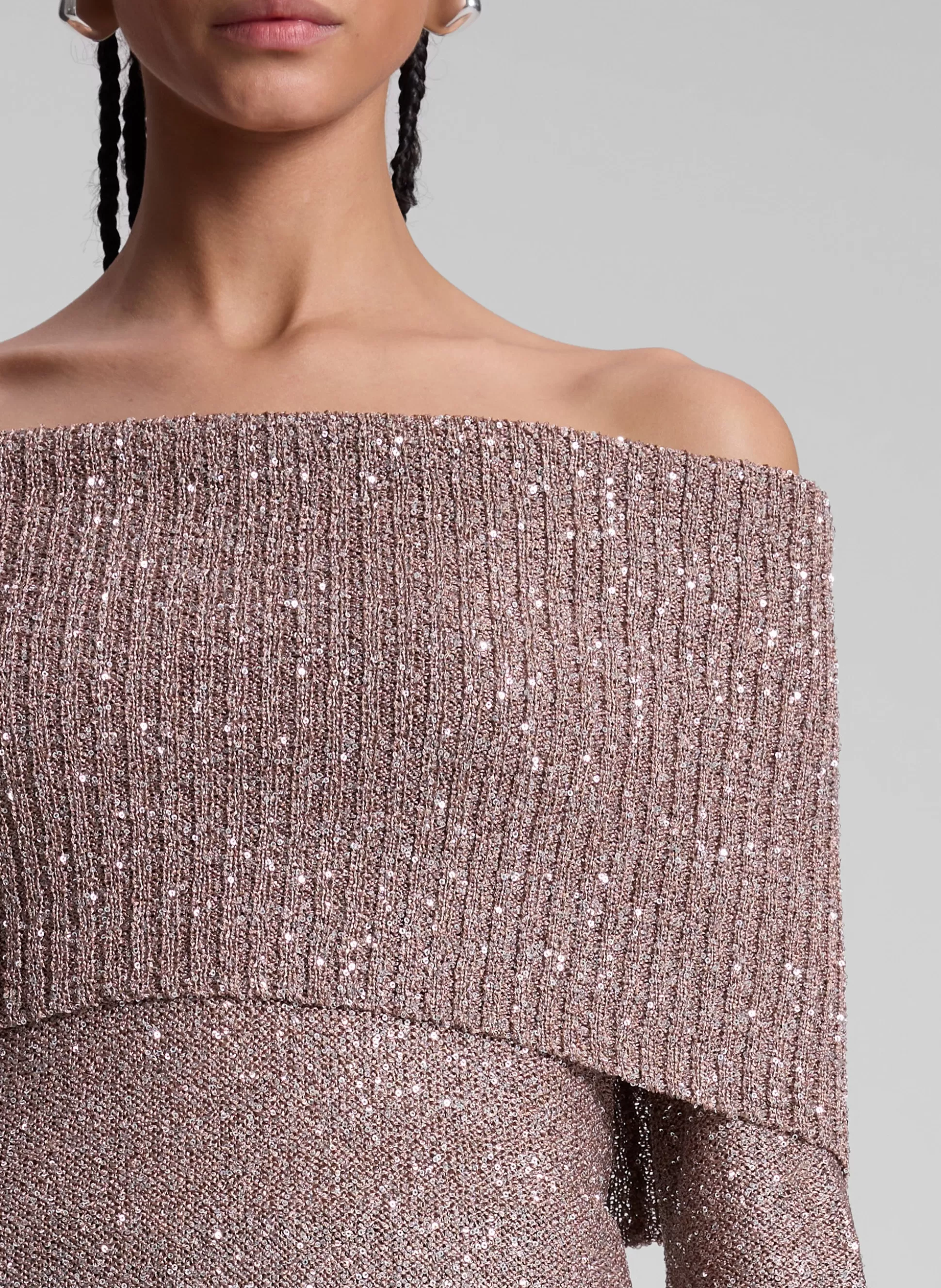 Tops | Knitwear>A.L.C. Evelyn Metallic Knit Off Shoulder Top Mauve/Silver