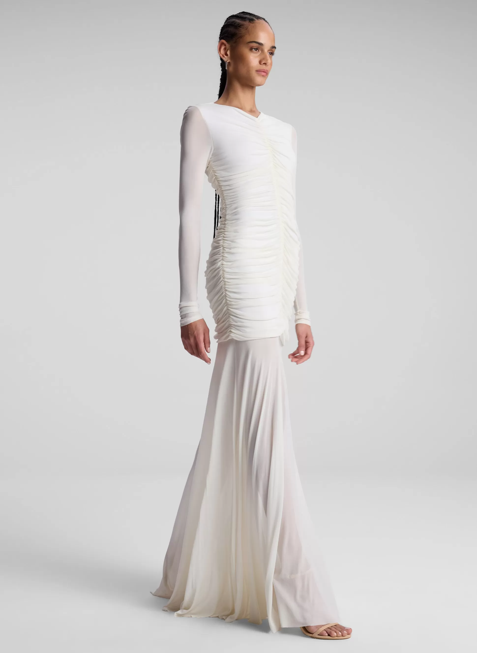 Dresses>A.L.C. Fawn Ruched Mesh Maxi Dress Off White