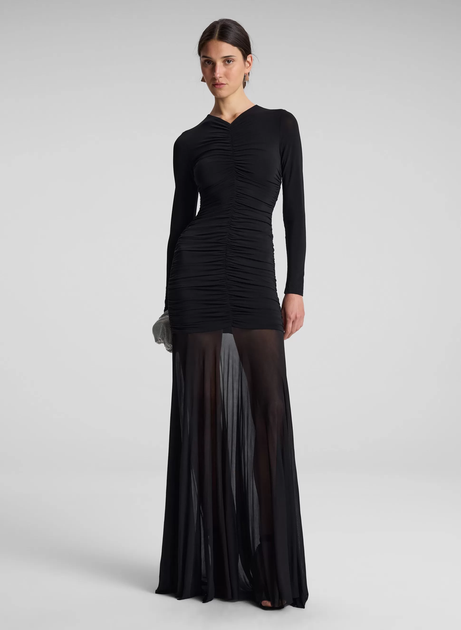 Dresses>A.L.C. Fawn Ruched Mesh Maxi Dress Black