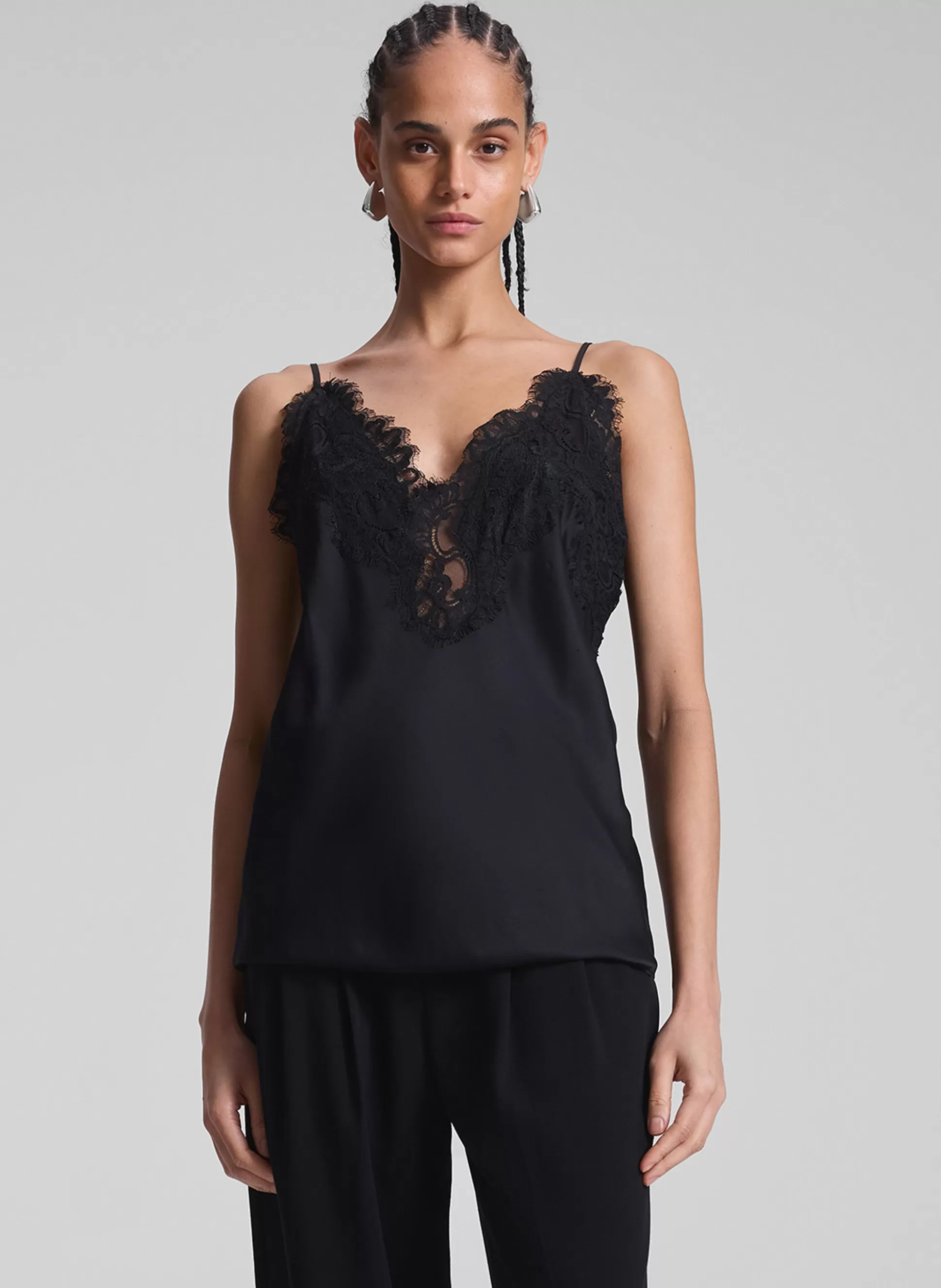 Tops | Tees & Tanks>A.L.C. Lennon Satin And Lace Camisole Top Black/Black