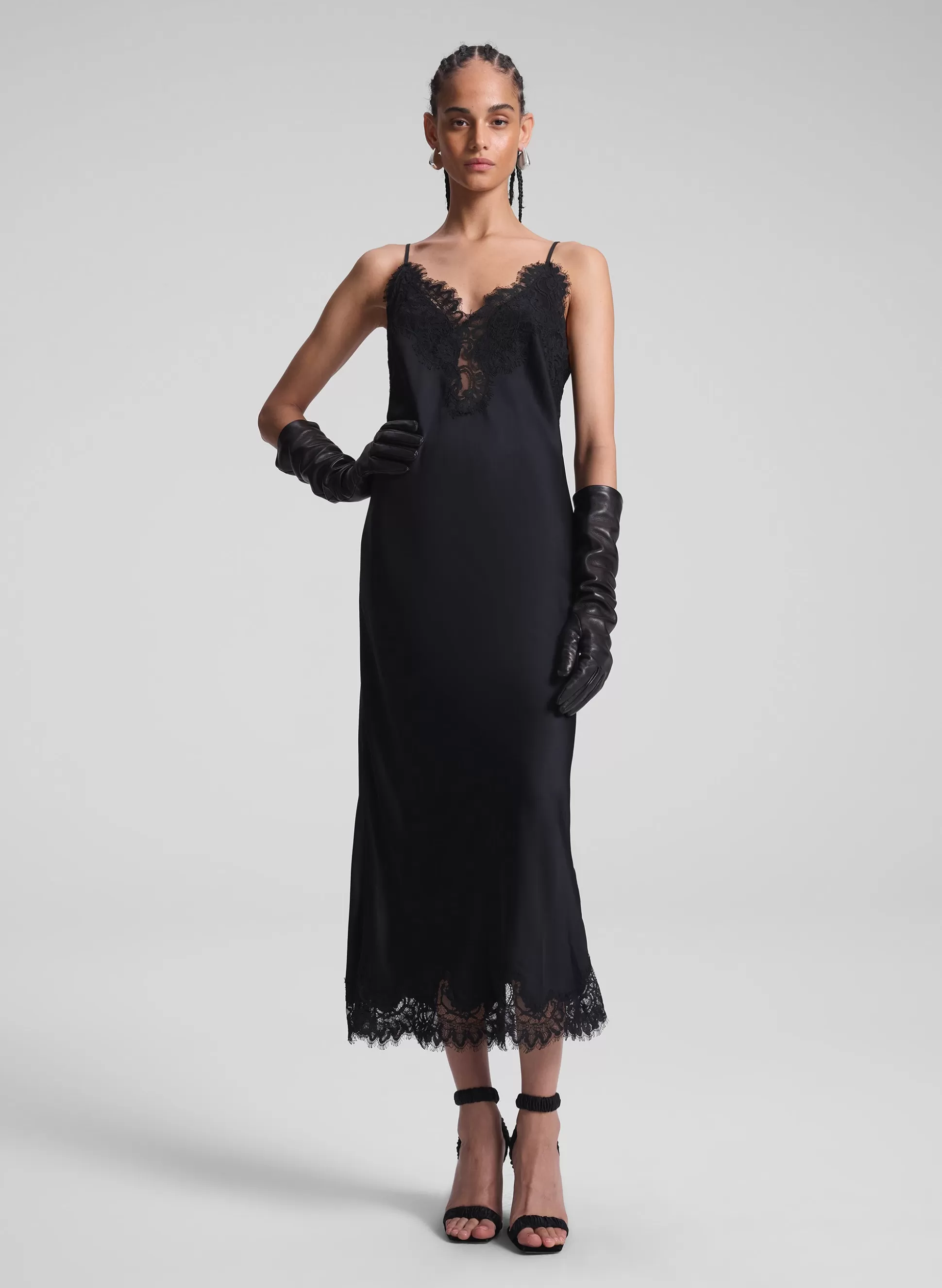 Dresses>A.L.C. Lennon Satin And Lace Midi Dress Black/Black