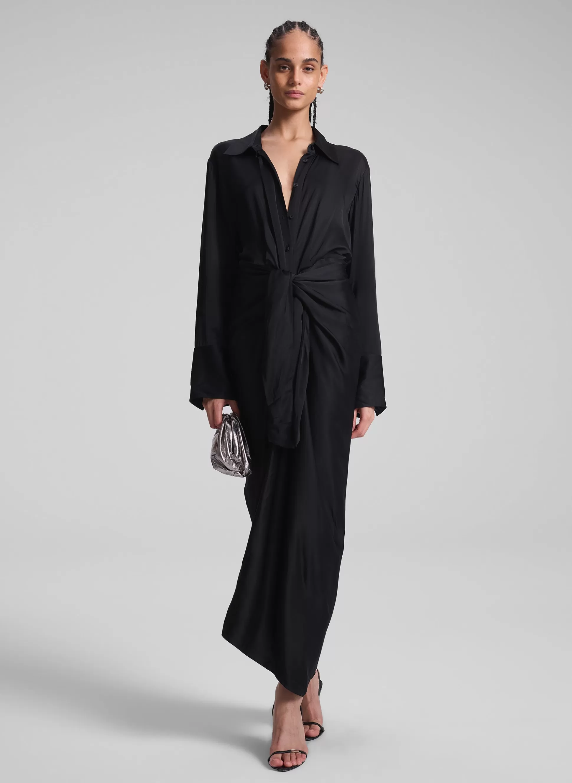 Dresses>A.L.C. Mila Satin Maxi Shirtdress Black