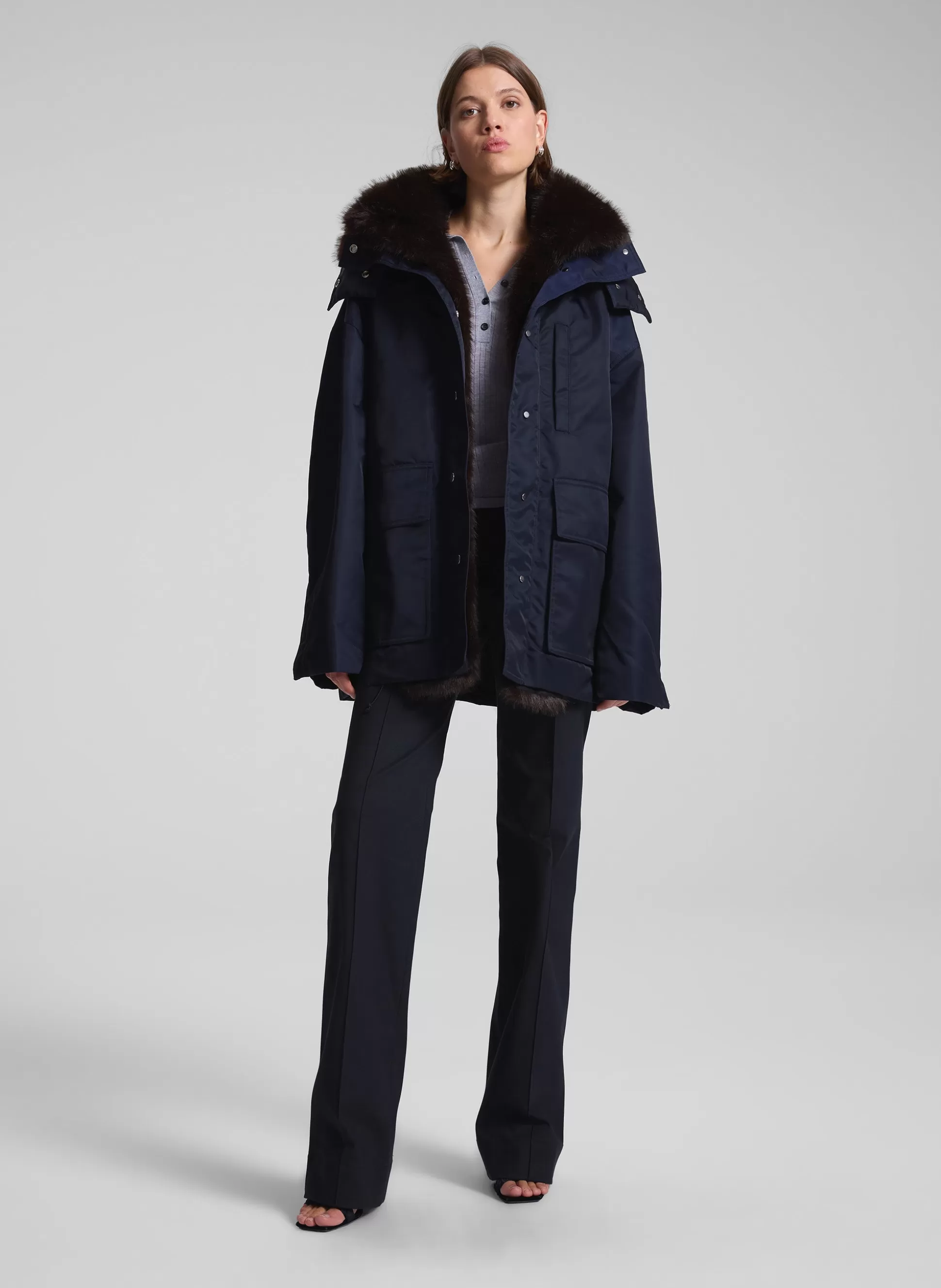 Jackets & Coats>A.L.C. Nolan Faux Fur Trim Coat Navy/Romeo