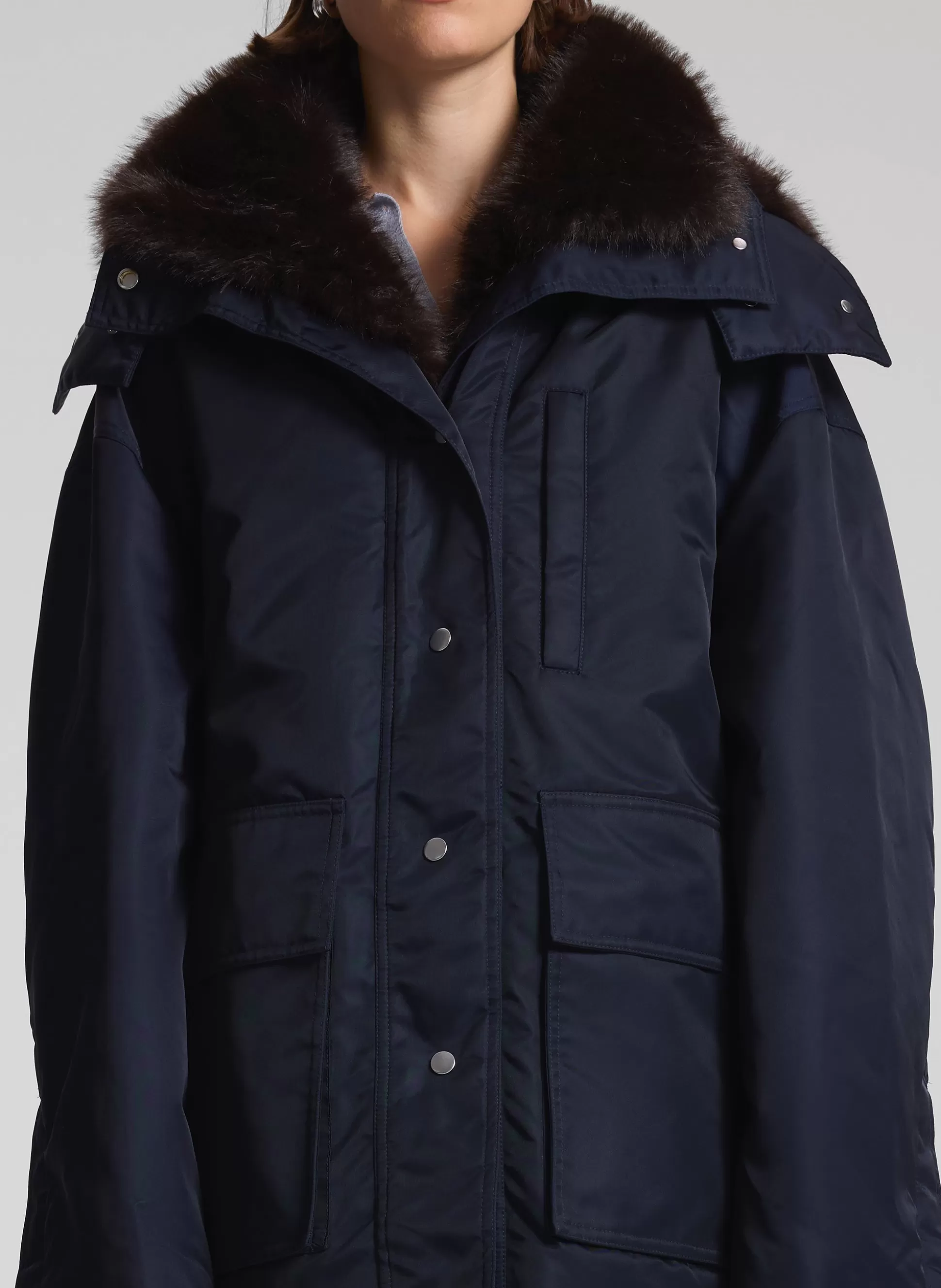 Jackets & Coats>A.L.C. Nolan Faux Fur Trim Coat Navy/Romeo