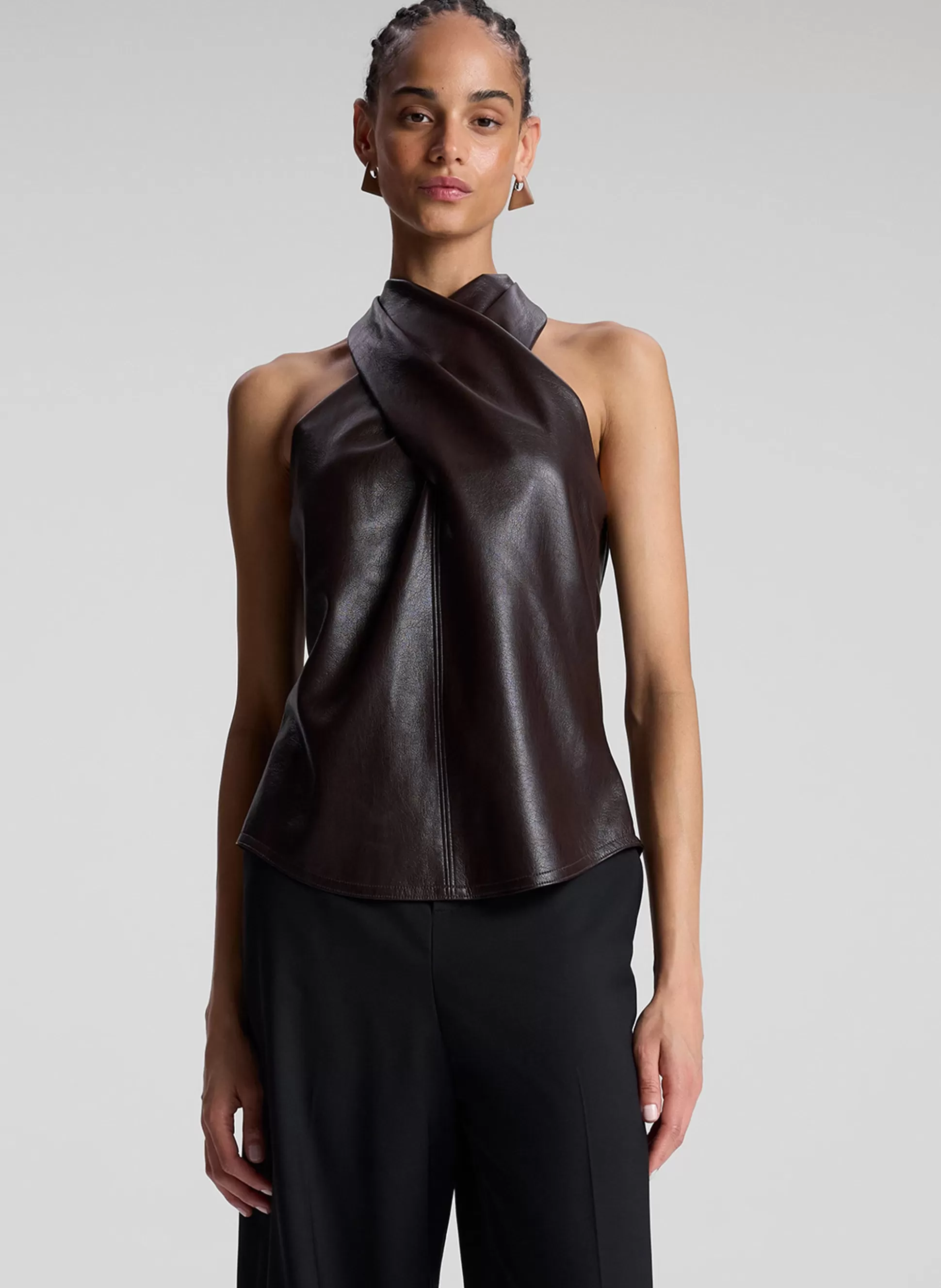 Tops>A.L.C. Quinn Vegan Leather Halter Top Chocolate Plum