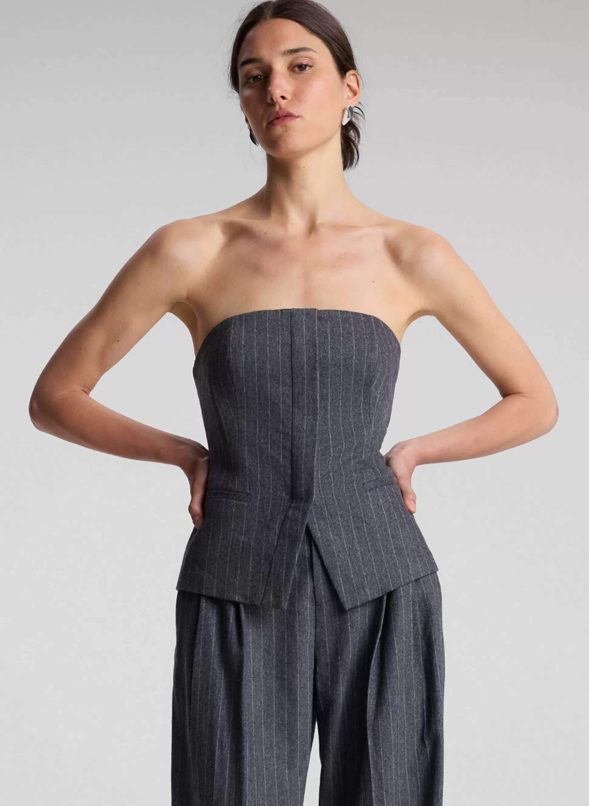 Tops | Suits>A.L.C. Renee Strapless Wool Cashmere Pinstripe Top Grey Melange