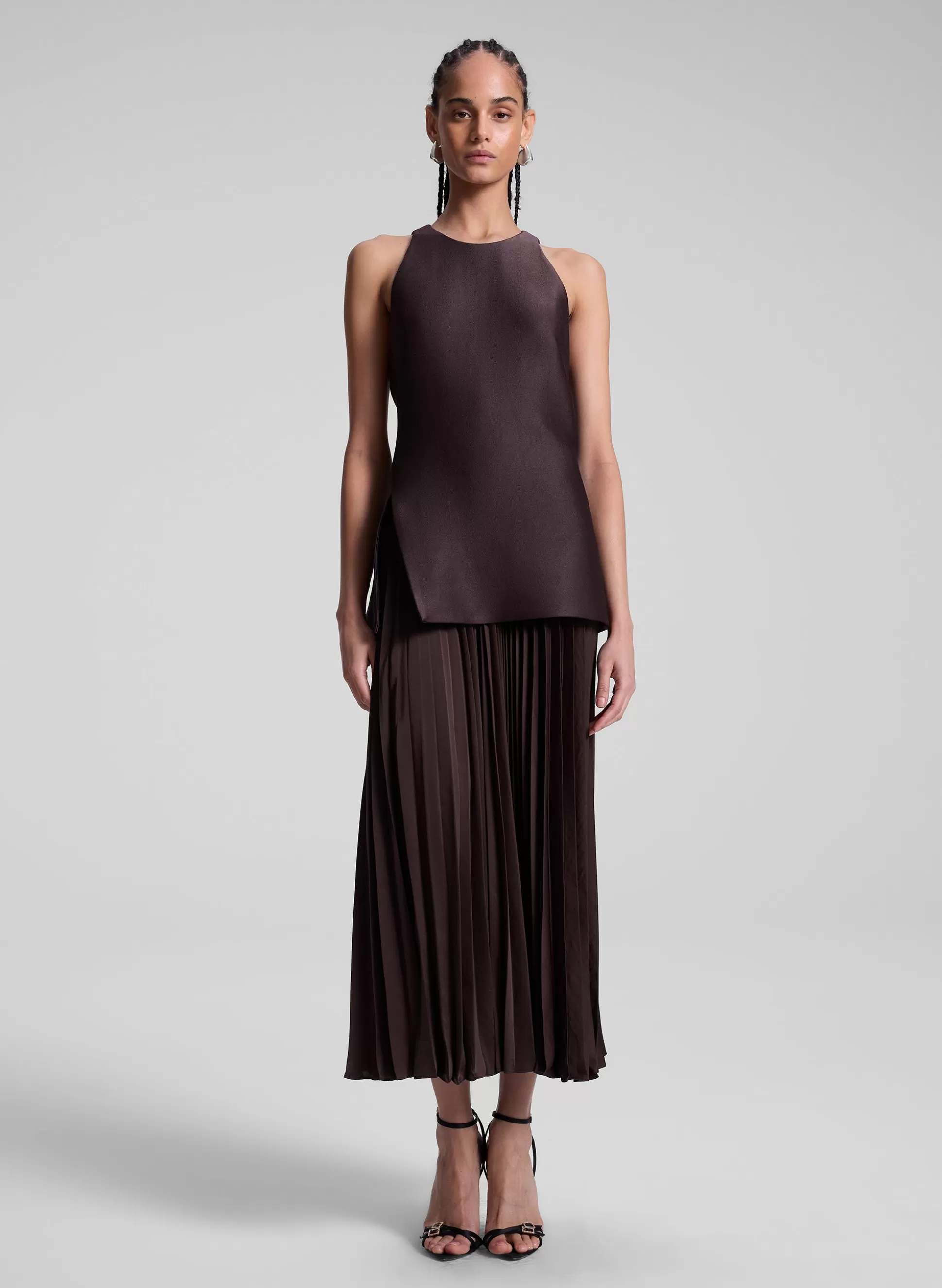 Dresses>A.L.C. Willow Pleated Midi Dress Chocolate Plum