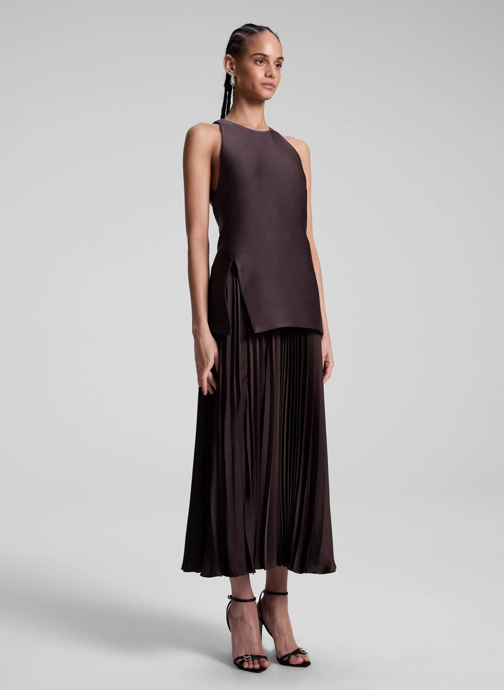 Dresses>A.L.C. Willow Pleated Midi Dress Chocolate Plum